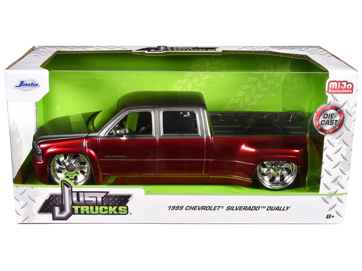 1999 Chevrolet Silverado Dually Pickup Truck Red Metallic and Gray with Custom KMC Wheels 'Just Trucks' Series 1/24 Diecast Model Car by Jada