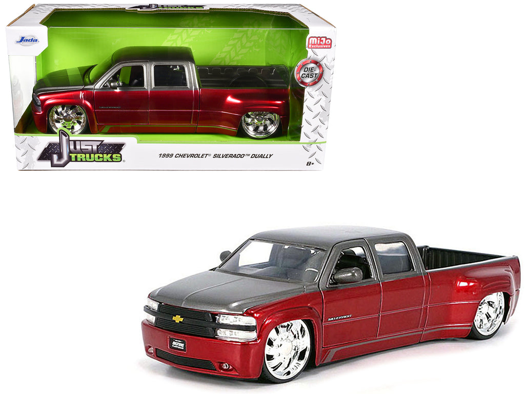 1999 Chevrolet Silverado Dually Pickup Truck Red Metallic and Gray with Custom KMC Wheels 'Just Trucks' Series 1/24 Diecast Model Car by Jada