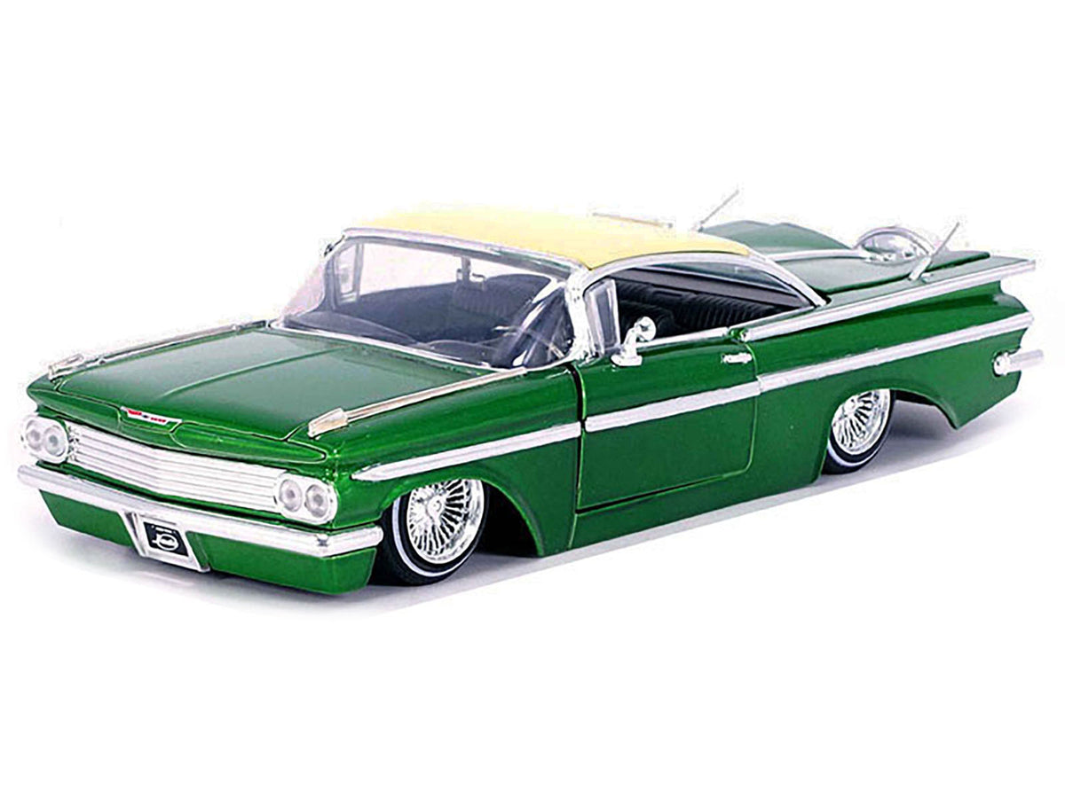1959 Chevrolet Impala Lowrider Green Metallic with Cream Top and Wire Wheels 'Street Low' Series 1/24 Diecast Model Car by Jada