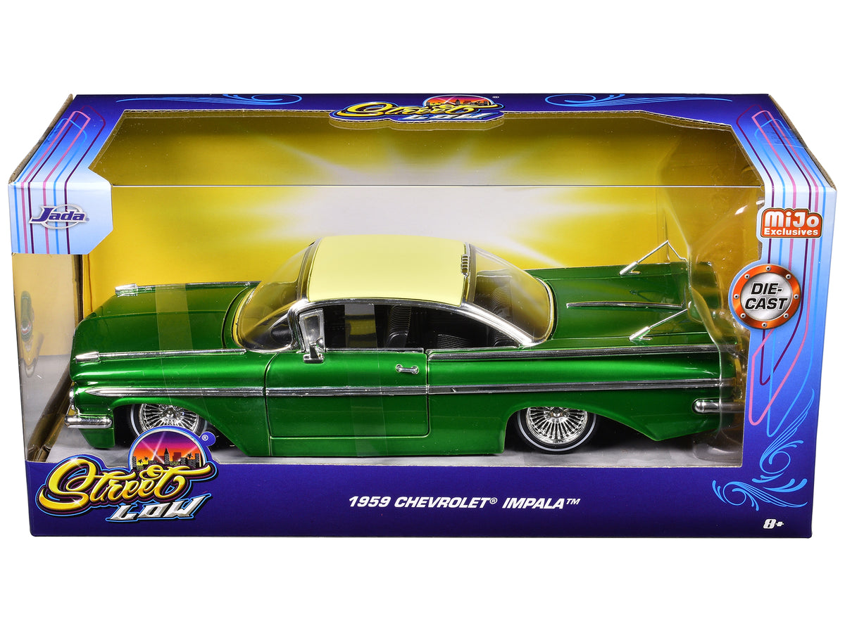 1959 Chevrolet Impala Lowrider Green Metallic with Cream Top and Wire Wheels 'Street Low' Series 1/24 Diecast Model Car by Jada