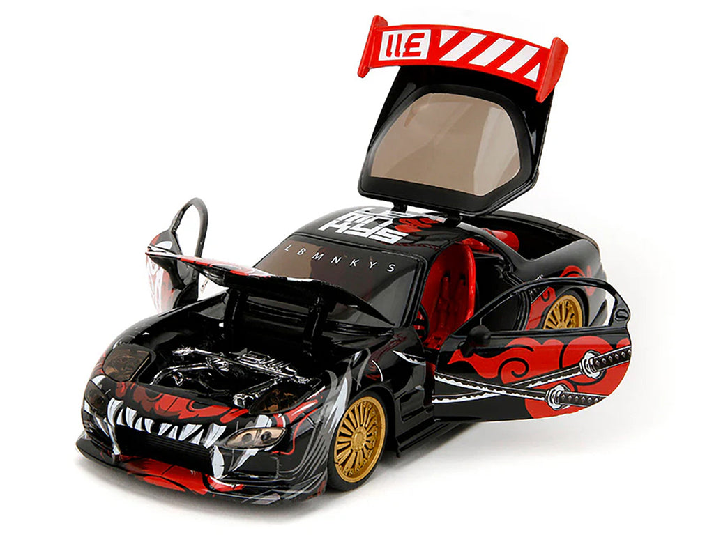 1993 Mazda RX-7 Black with Graphics 'Lab Monkeys' with Saru Diecast Figure 'Hollywood Rides' Series 1/24 Diecast Model Car by Jada