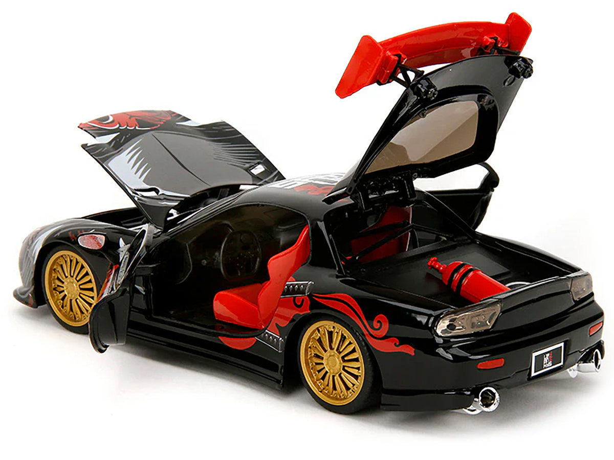 1993 Mazda RX-7 Black with Graphics 'Lab Monkeys' with Saru Diecast Figure 'Hollywood Rides' Series 1/24 Diecast Model Car by Jada