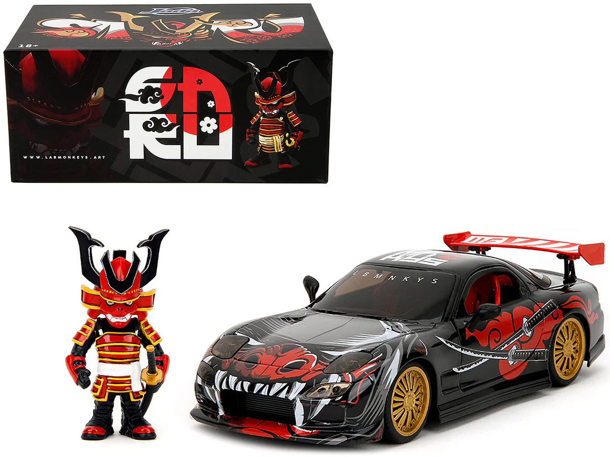 1993 Mazda RX-7 Black with Graphics 'Lab Monkeys' with Saru Diecast Figure 'Hollywood Rides' Series 1/24 Diecast Model Car by Jada
