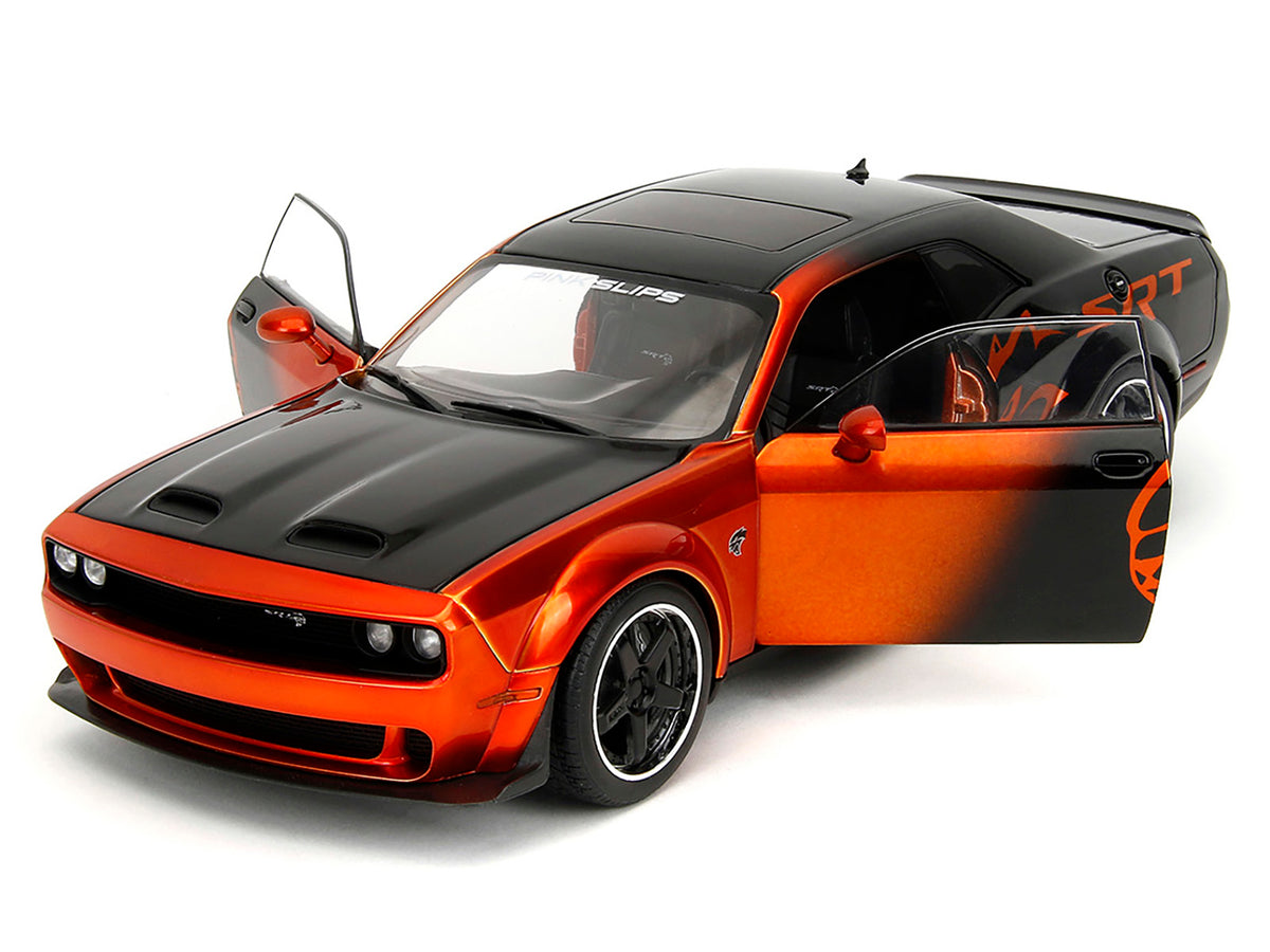 Dodge Challenger SRT Hellcat Orange Metallic and Black 'Pink Slips' Series 1/18 Diecast Model Car by Jada