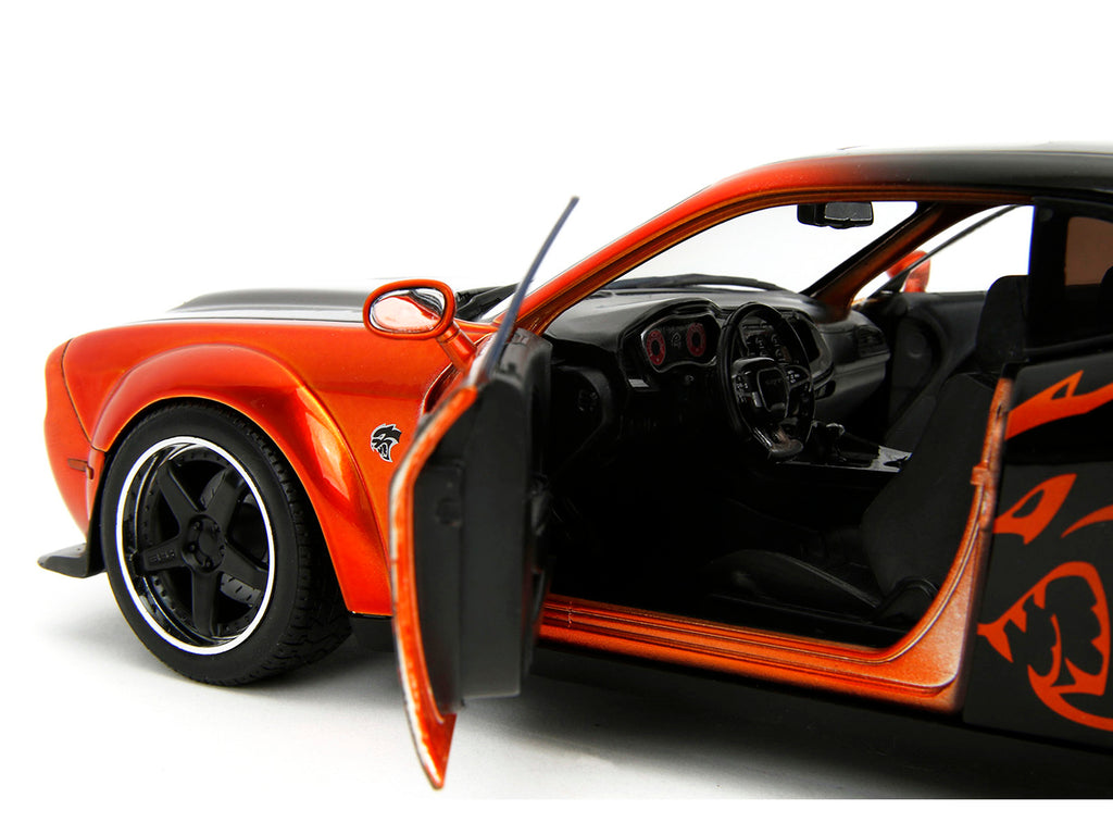Dodge Challenger SRT Hellcat Orange Metallic and Black 'Pink Slips' Series 1/18 Diecast Model Car by Jada