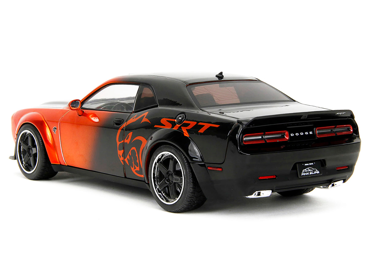 Dodge Challenger SRT Hellcat Orange Metallic and Black 'Pink Slips' Series 1/18 Diecast Model Car by Jada
