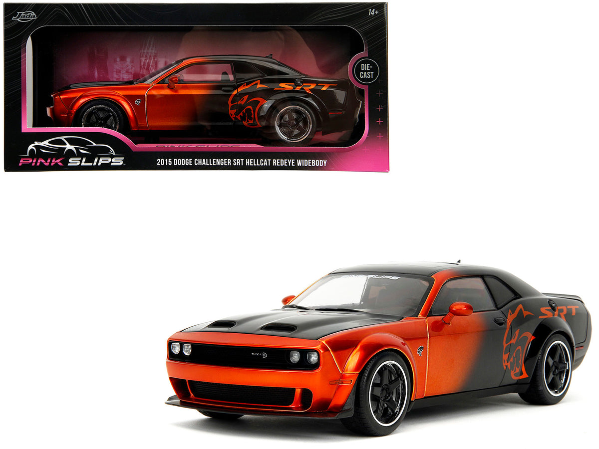 Dodge Challenger SRT Hellcat Orange Metallic and Black 'Pink Slips' Series 1/18 Diecast Model Car by Jada