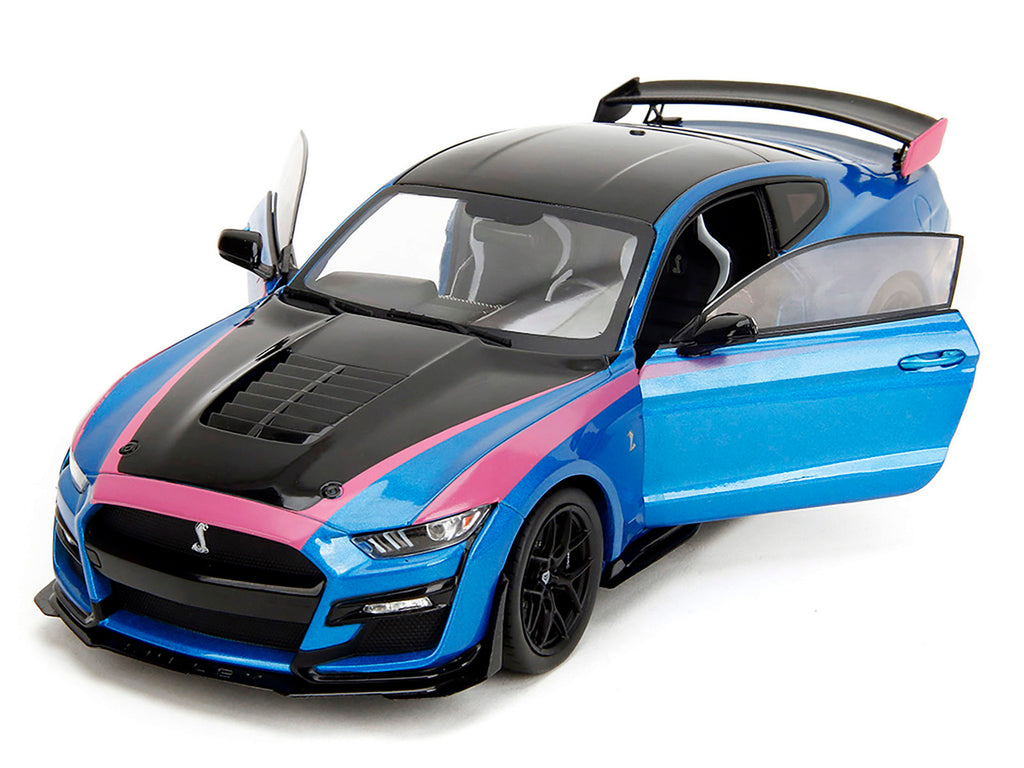 Ford Mustang Shelby GT500 Blue Metallic with Pink Stripes and Black Hood and Top 'Pink Slips' Series 1/18 Diecast Model Car by Jada