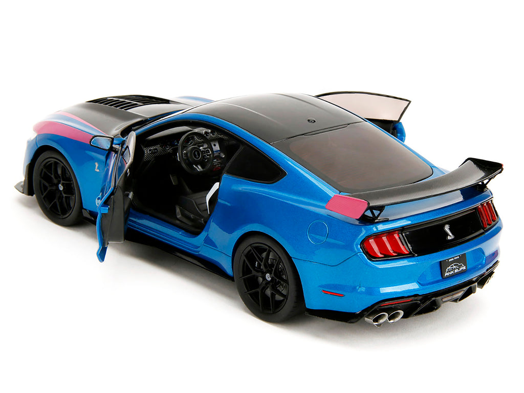 Ford Mustang Shelby GT500 Blue Metallic with Pink Stripes and Black Hood and Top 'Pink Slips' Series 1/18 Diecast Model Car by Jada