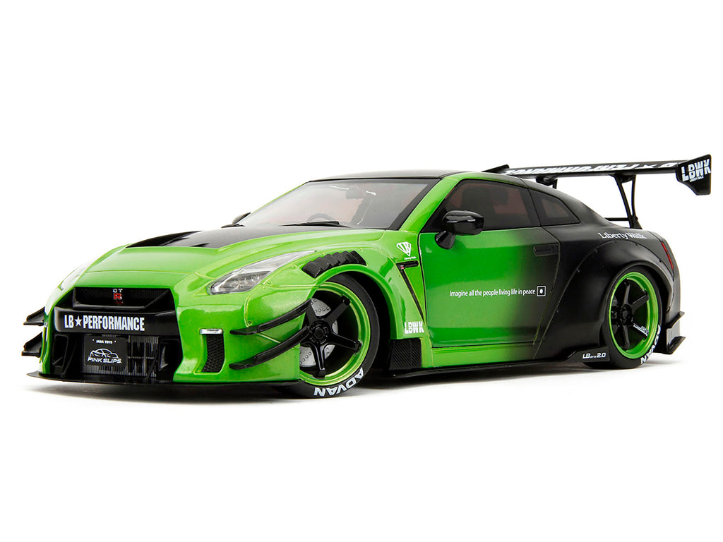 Nissan GT-R (R35) Liberty Walk Body Kit 2.0 RHD (Right Hand Drive) Green and Matt Black 'Pink Slips' Series 1/18 Diecast Model Car by Jada