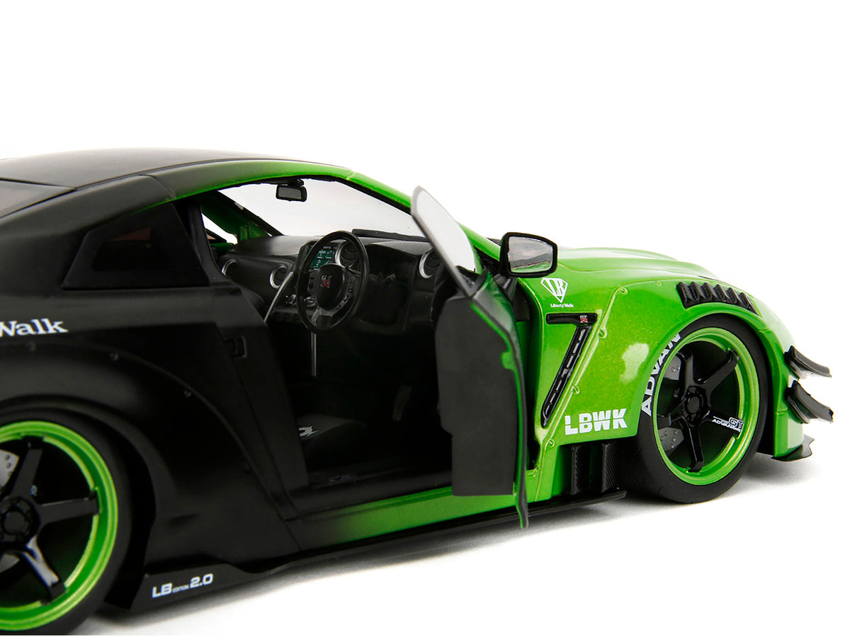 Nissan GT-R (R35) Liberty Walk Body Kit 2.0 RHD (Right Hand Drive) Green and Matt Black 'Pink Slips' Series 1/18 Diecast Model Car by Jada