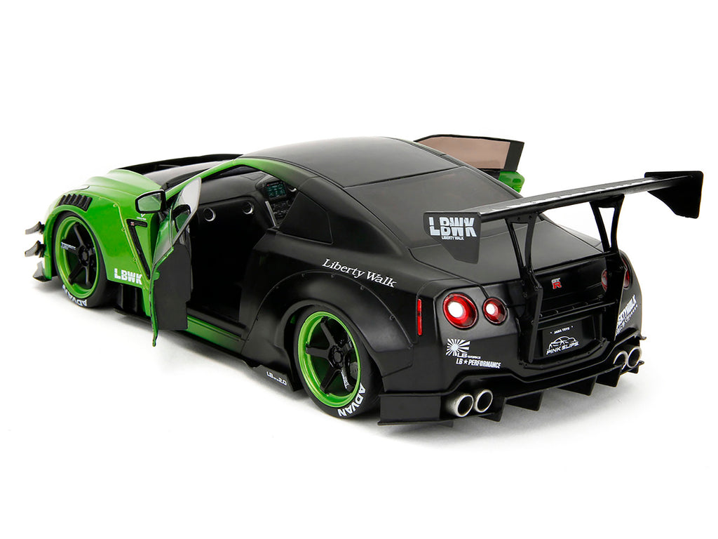 Nissan GT-R (R35) Liberty Walk Body Kit 2.0 RHD (Right Hand Drive) Green and Matt Black 'Pink Slips' Series 1/18 Diecast Model Car by Jada