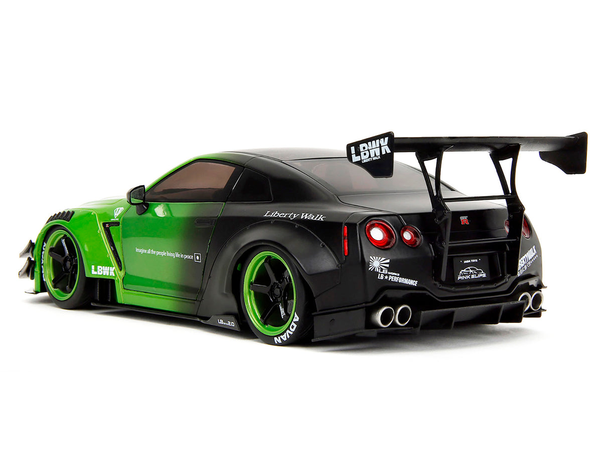 Nissan GT-R (R35) Liberty Walk Body Kit 2.0 RHD (Right Hand Drive) Green and Matt Black 'Pink Slips' Series 1/18 Diecast Model Car by Jada