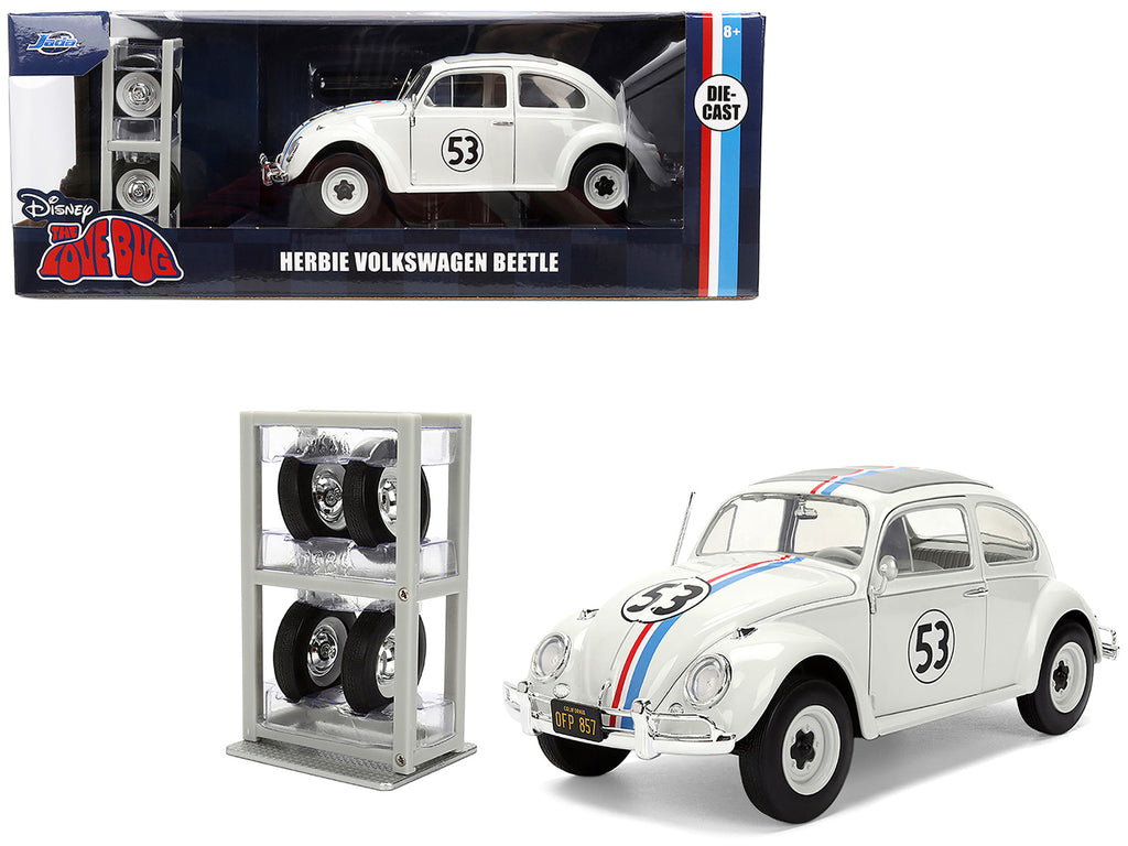 Volkswagen Beetle #53 'Herbie' White with Stripes 'The Love Bug' (1968) Movie with Extra Wheels 1/24 Diecast Model Car by Jada