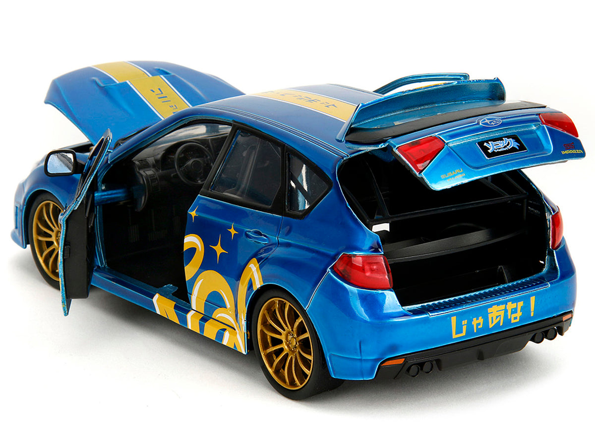 2012 Subaru Impreza WRX STI Blue Metallic with Graphics and Sonic The Hedgehog Diecast Figure 'Sonic The Hedgehog' 'Hollywood Rides' Series 1/24 Diecast Model Car by Jada