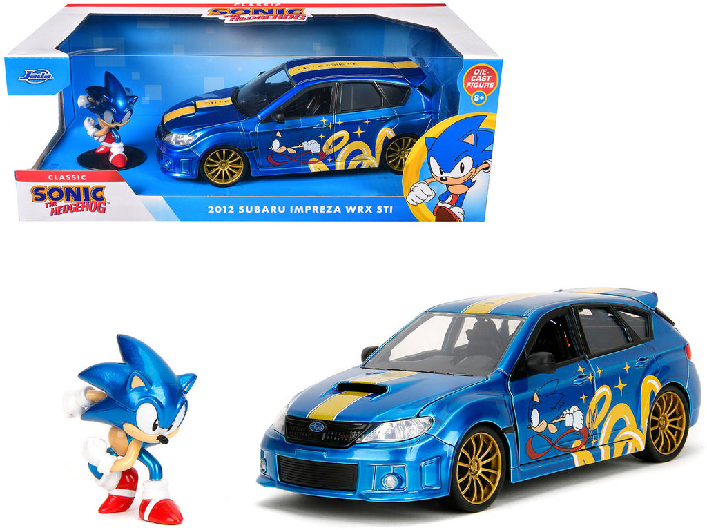 2012 Subaru Impreza WRX STI Blue Metallic with Graphics and Sonic The Hedgehog Diecast Figure 'Sonic The Hedgehog' 'Hollywood Rides' Series 1/24 Diecast Model Car by Jada