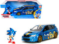 2012 Subaru Impreza WRX STI Blue Metallic with Graphics and Sonic The Hedgehog Diecast Figure 'Sonic The Hedgehog' 'Hollywood Rides' Series 1/24 Diecast Model Car by Jada