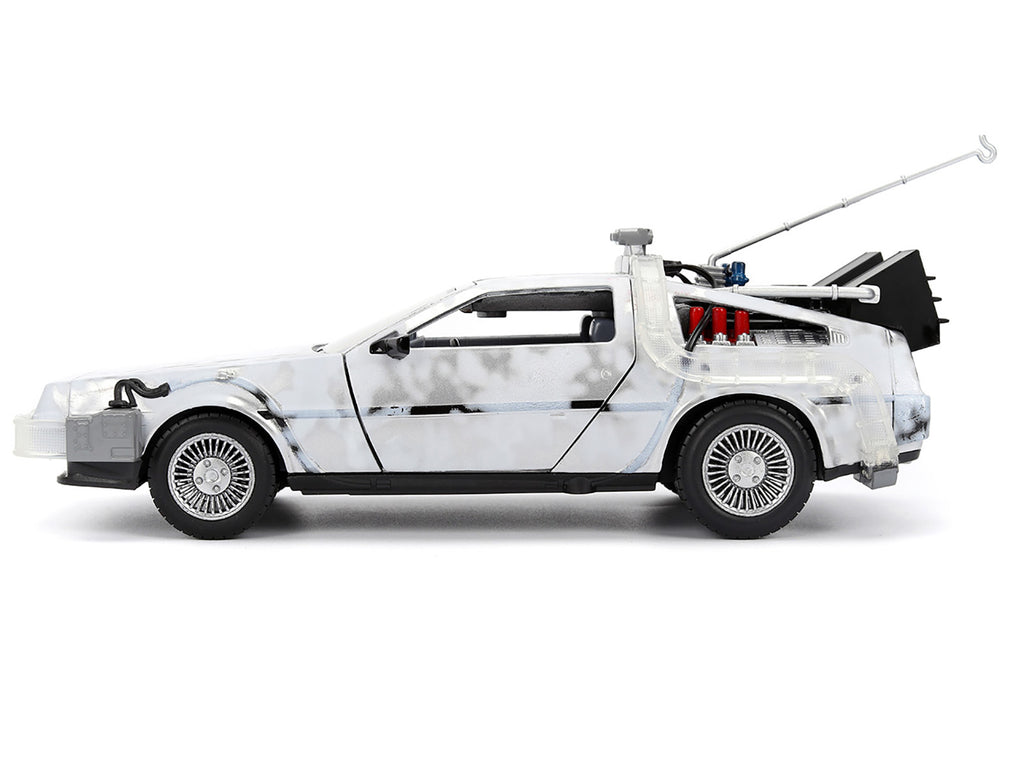 DMC DeLorean Time Machine Brushed Metal (Frost Version) with Lights 'Back to the Future' (1985) Movie 'Hollywood Rides' Series 1/24 Diecast Model Car by Jada