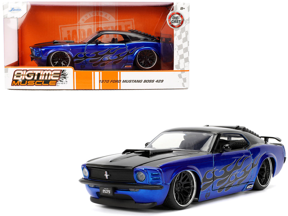 1970 Ford Mustang Boss 429 Black and Blue Metallic with Flames 'Bigtime Muscle' Series 1/24 Diecast Model Car by Jada