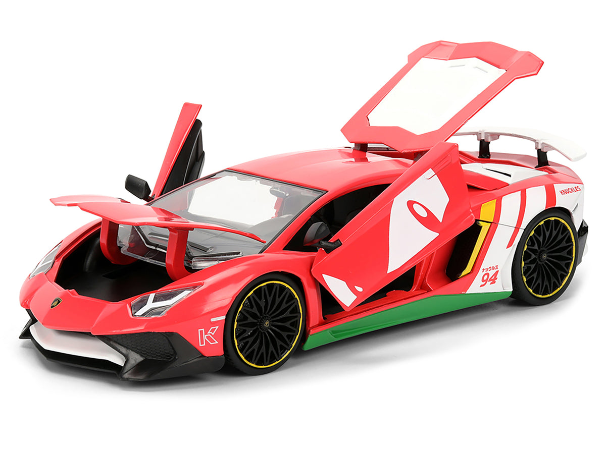 Lamborghini Aventador SV Red with Graphics and Knuckles Diecast Figure 'Sonic The Hedgehog' Franchise 'Hollywood Rides' Series 1/24 Diecast Model by Jada