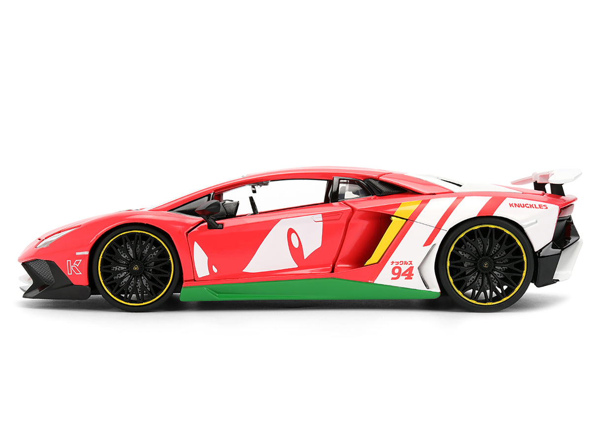 Lamborghini Aventador SV Red with Graphics and Knuckles Diecast Figure 'Sonic The Hedgehog' Franchise 'Hollywood Rides' Series 1/24 Diecast Model by Jada