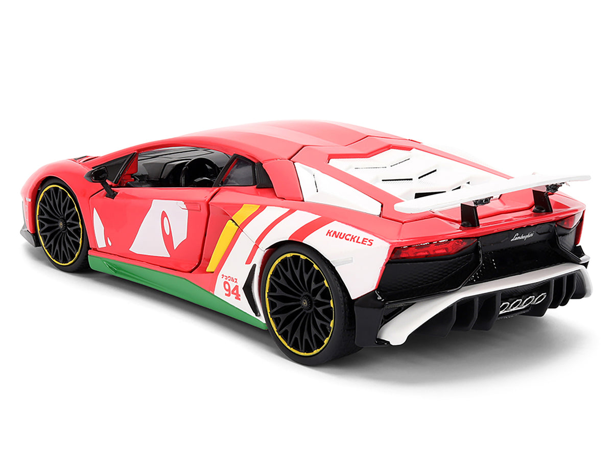 Lamborghini Aventador SV Red with Graphics and Knuckles Diecast Figure 'Sonic The Hedgehog' Franchise 'Hollywood Rides' Series 1/24 Diecast Model by Jada