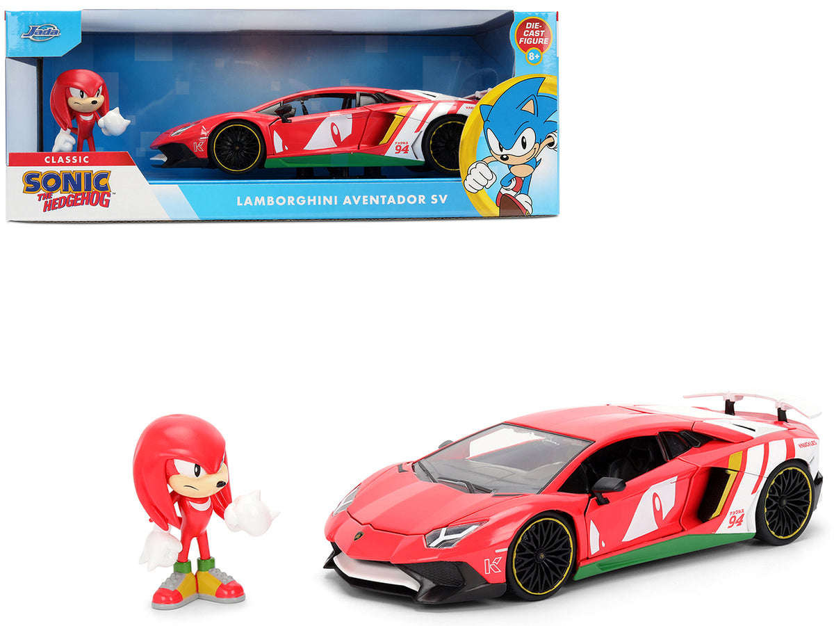 Lamborghini Aventador SV Red with Graphics and Knuckles Diecast Figure 'Sonic The Hedgehog' Franchise 'Hollywood Rides' Series 1/24 Diecast Model by Jada