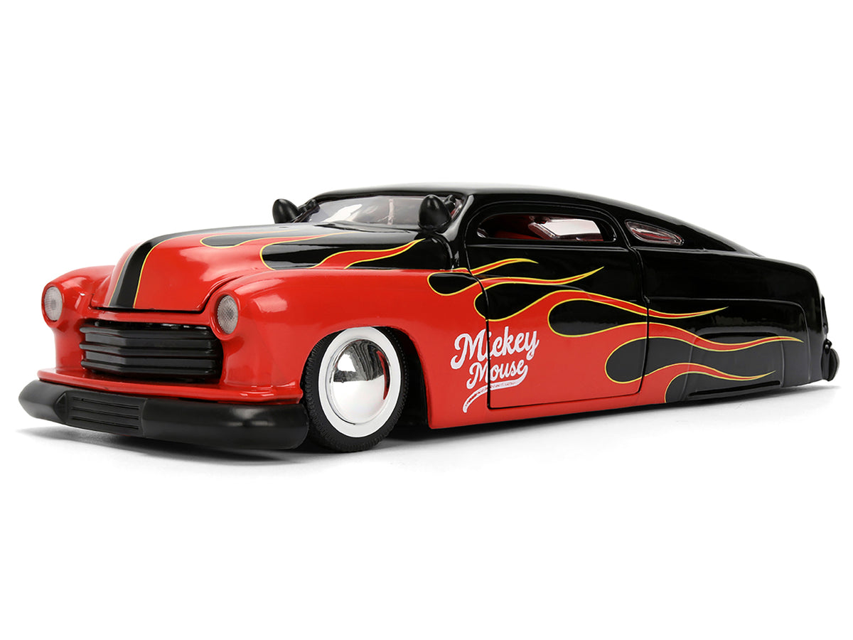1951 Mercury Coupe Black with Flame Graphics and Red Interior and Mickey Mouse Diecast Figure 'Disney's Mickey Mouse' 'Hollywood Rides' Series 1/24 Diecast Model Car by Jada