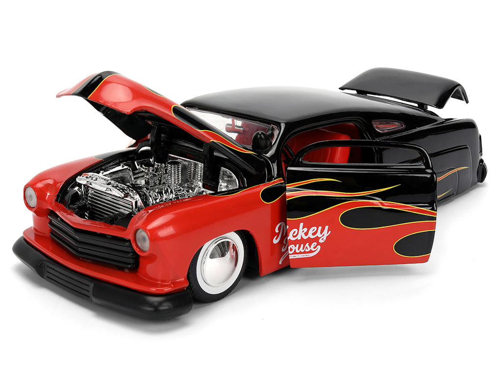 1951 Mercury Coupe Black with Flame Graphics and Red Interior and Mickey Mouse Diecast Figure 'Disney's Mickey Mouse' 'Hollywood Rides' Series 1/24 Diecast Model Car by Jada