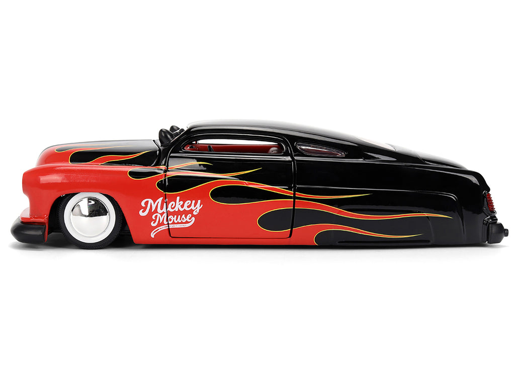 1951 Mercury Coupe Black with Flame Graphics and Red Interior and Mickey Mouse Diecast Figure 'Disney's Mickey Mouse' 'Hollywood Rides' Series 1/24 Diecast Model Car by Jada