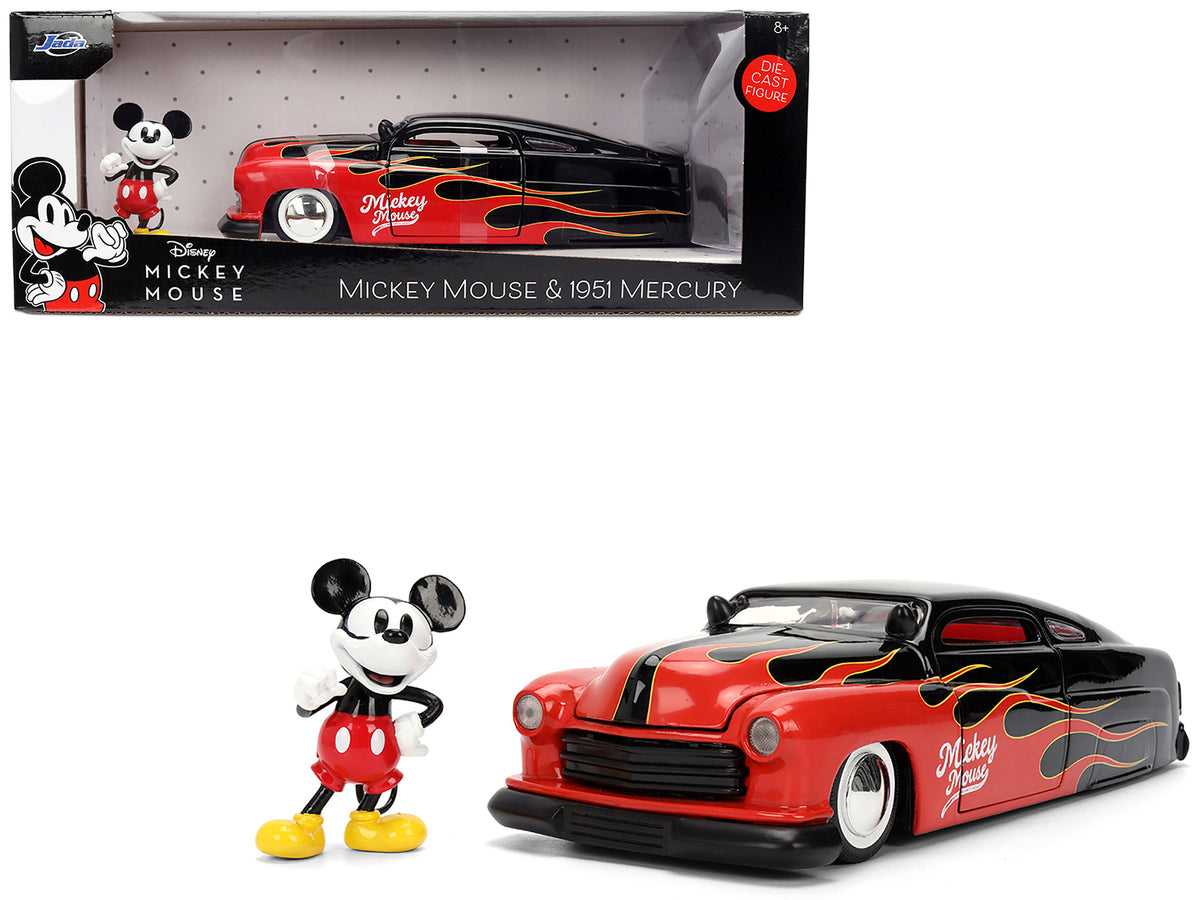 1951 Mercury Coupe Black with Flame Graphics and Red Interior and Mickey Mouse Diecast Figure 'Disney's Mickey Mouse' 'Hollywood Rides' Series 1/24 Diecast Model Car by Jada