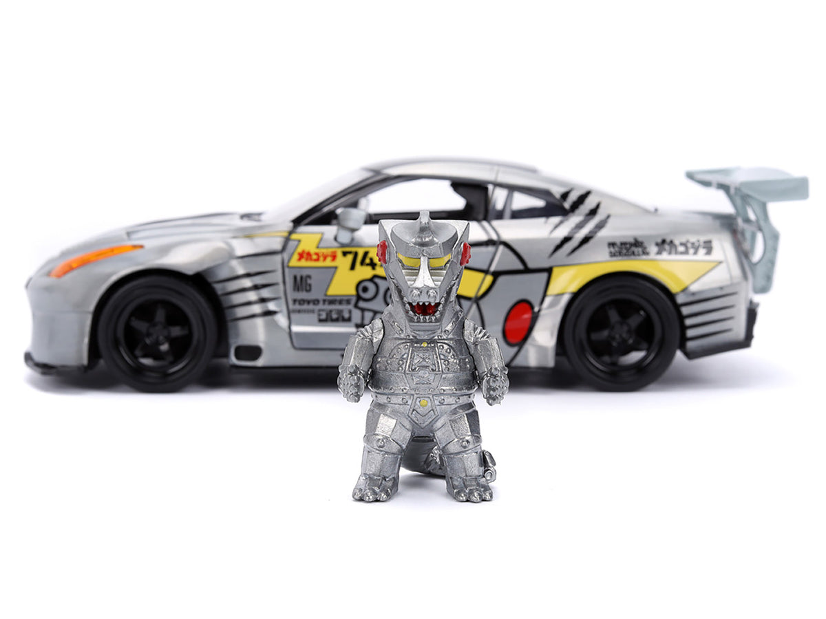 2009 Nissan GT-R (R35) Ben Sopra Brushed Metal with Black Top and Graphics and Mechagodzilla Diecast Figure 'Godzilla' Franchise 'Anime Hollywood Rides' Series 1/24 Diecast Model by Jada