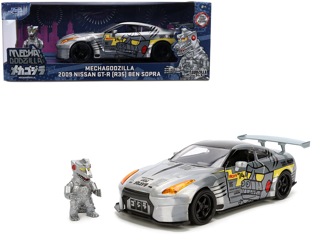 2009 Nissan GT-R (R35) Ben Sopra Brushed Metal with Black Top and Graphics and Mechagodzilla Diecast Figure 'Godzilla' Franchise 'Anime Hollywood Rides' Series 1/24 Diecast Model by Jada