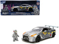 2009 Nissan GT-R (R35) Ben Sopra Brushed Metal with Black Top and Graphics and Mechagodzilla Diecast Figure 'Godzilla' Franchise 'Anime Hollywood Rides' Series 1/24 Diecast Model by Jada