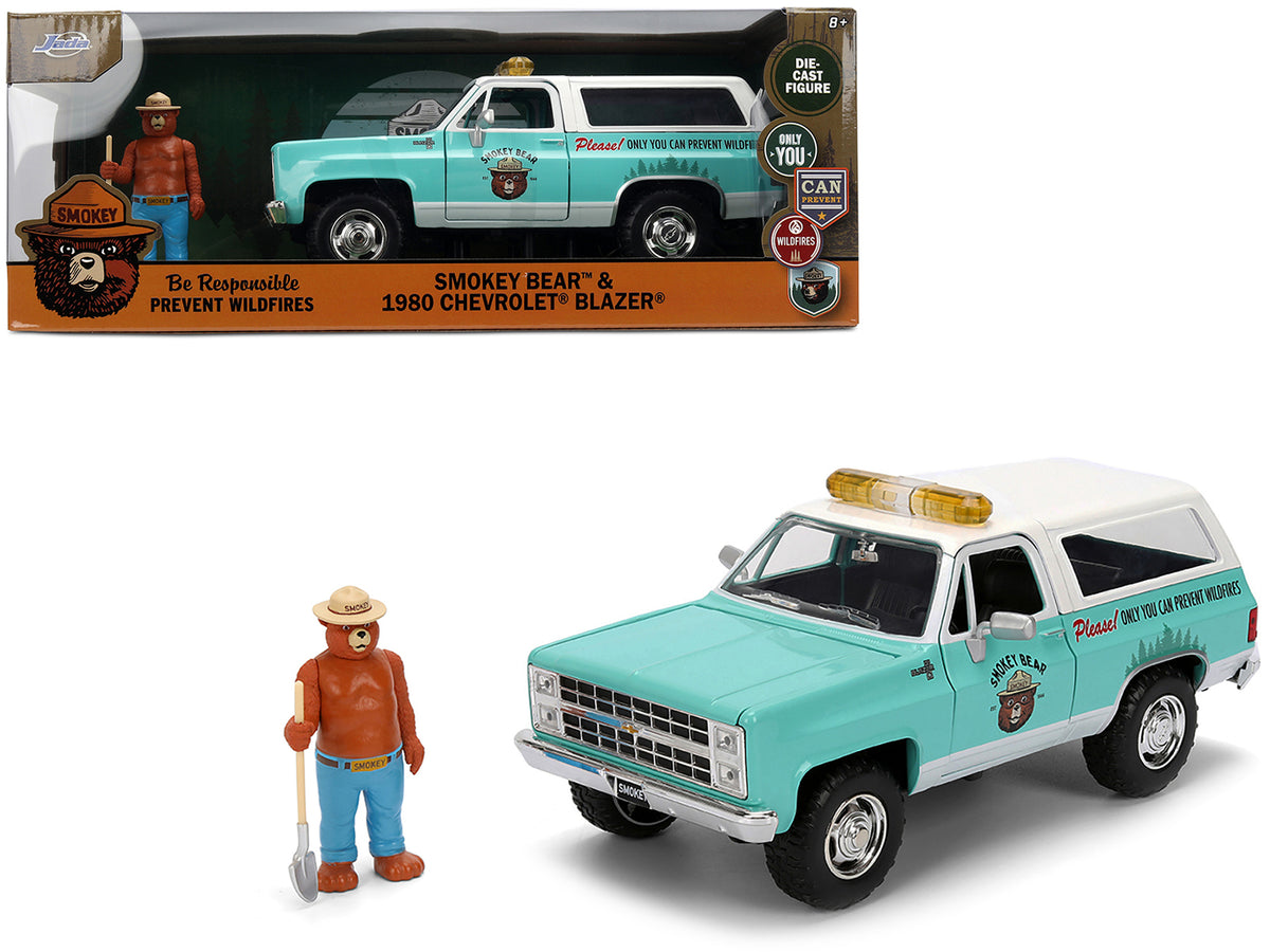 1980 Chevrolet Blazer Light Green with White Top and Graphics and Smokey Bear Diecast Figure 'Smokey Bear' 'Hollywood Rides' Series 1/24 Diecast Model by Jada