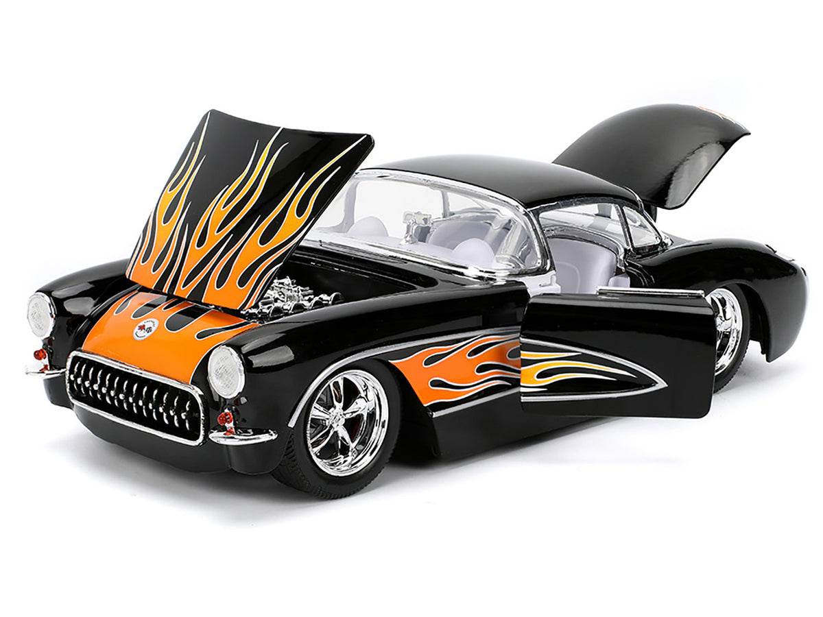 1957 Chevrolet Corvette Black with Flame Graphics and White Interior 'Bigtime Muscle' Series 1/24 Diecast Model Car by Jada