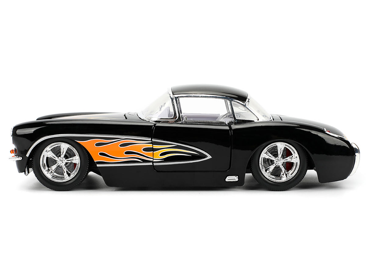 1957 Chevrolet Corvette Black with Flame Graphics and White Interior 'Bigtime Muscle' Series 1/24 Diecast Model Car by Jada