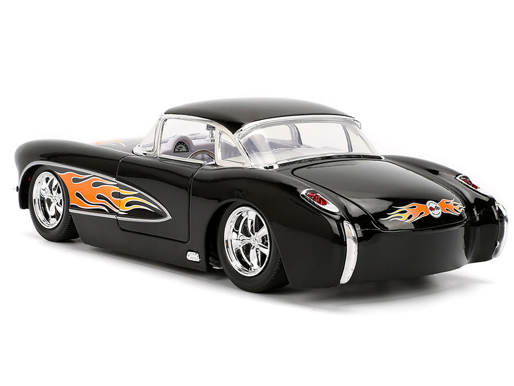 1957 Chevrolet Corvette Black with Flame Graphics and White Interior 'Bigtime Muscle' Series 1/24 Diecast Model Car by Jada