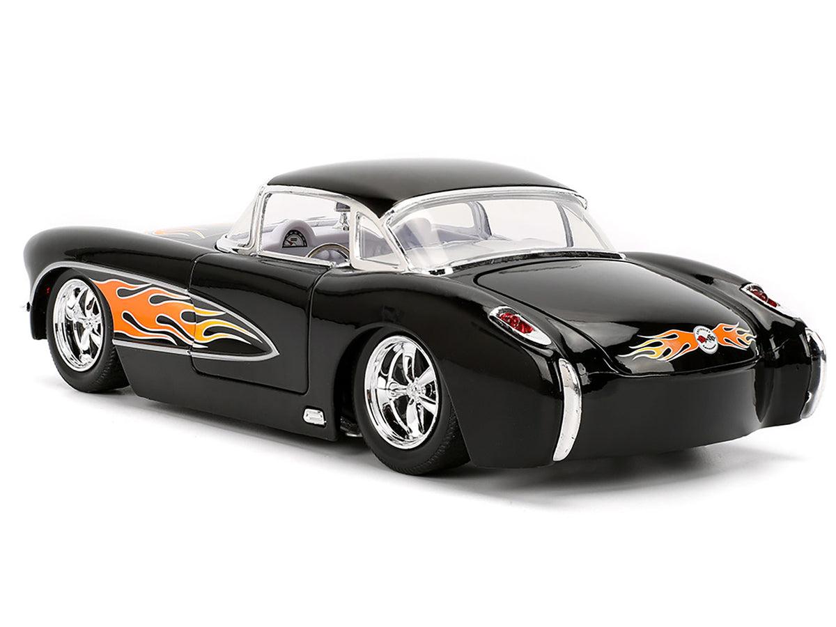 1957 Chevrolet Corvette Black with Flame Graphics and White Interior 'Bigtime Muscle' Series 1/24 Diecast Model Car by Jada