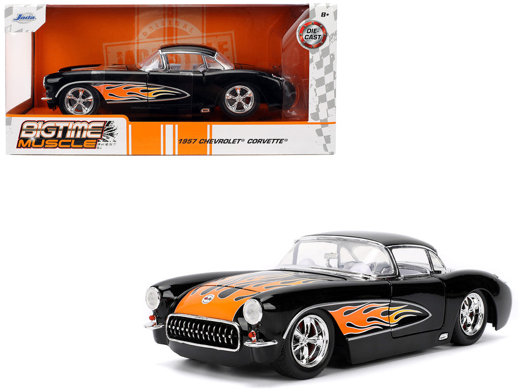 1957 Chevrolet Corvette Black with Flame Graphics and White Interior 'Bigtime Muscle' Series 1/24 Diecast Model Car by Jada