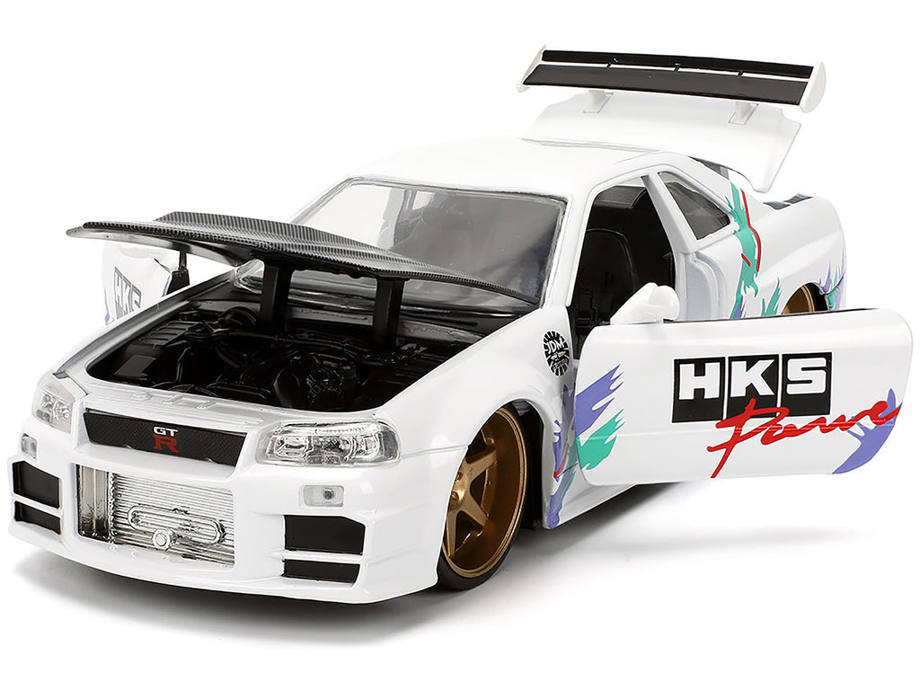2002 Nissan Skyline GT-R (R34) RHD (Right Hand Drive) 'HKS Power' White with Carbon Hood and Graphics 'JDM Tuners' Series 1/24 Diecast Model Car by Jada
