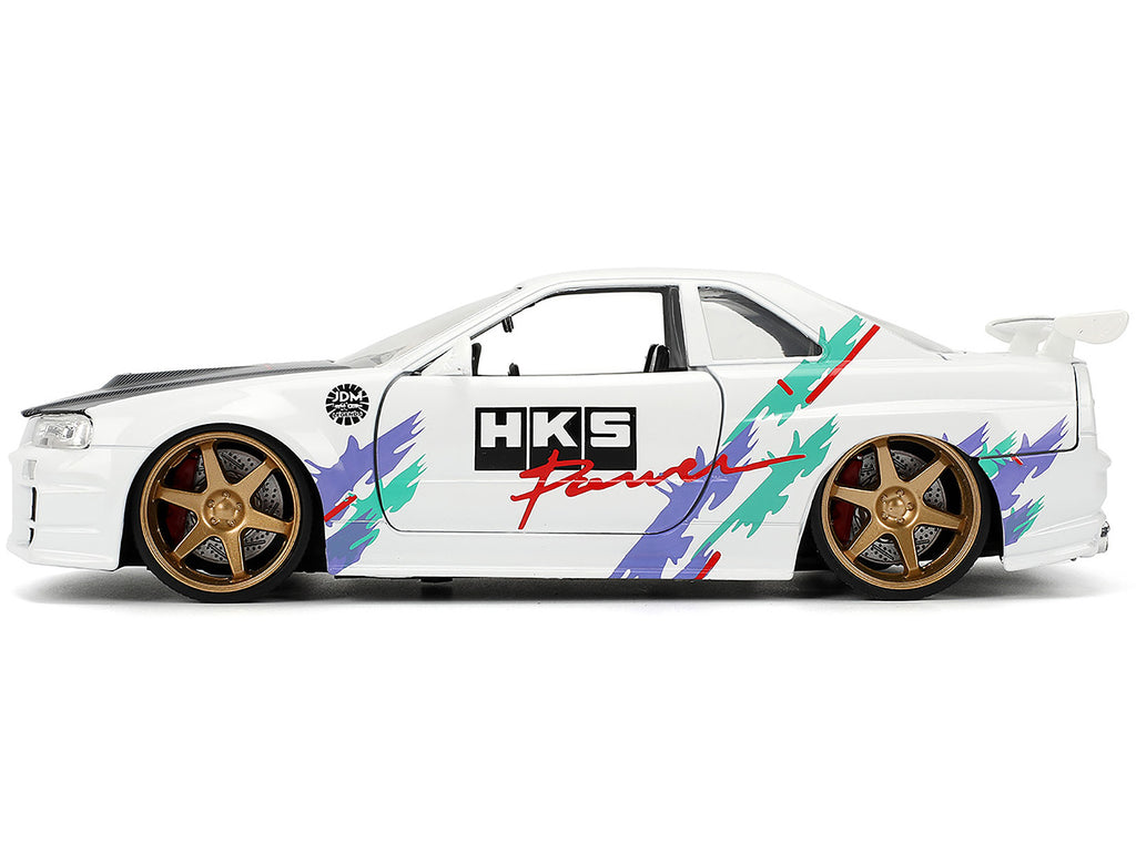 2002 Nissan Skyline GT-R (R34) RHD (Right Hand Drive) 'HKS Power' White with Carbon Hood and Graphics 'JDM Tuners' Series 1/24 Diecast Model Car by Jada
