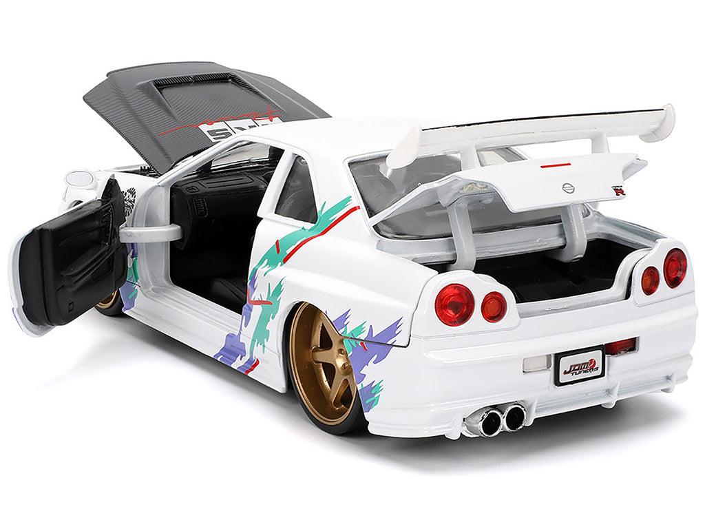 2002 Nissan Skyline GT-R (R34) RHD (Right Hand Drive) 'HKS Power' White with Carbon Hood and Graphics 'JDM Tuners' Series 1/24 Diecast Model Car by Jada