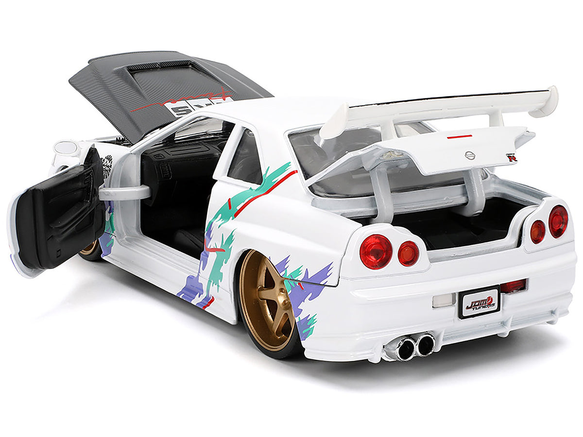 2002 Nissan Skyline GT-R (R34) RHD (Right Hand Drive) 'HKS Power' White with Carbon Hood and Graphics 'JDM Tuners' Series 1/24 Diecast Model Car by Jada