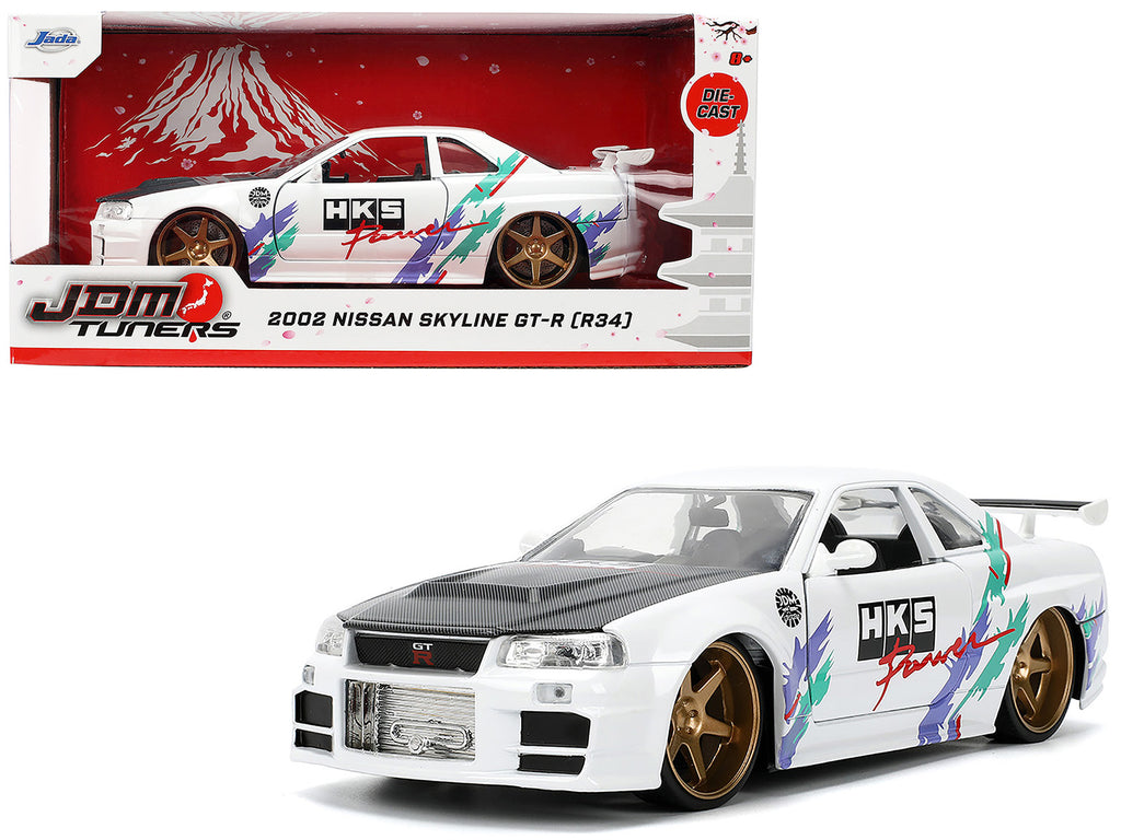 2002 Nissan Skyline GT-R (R34) RHD (Right Hand Drive) 'HKS Power' White with Carbon Hood and Graphics 'JDM Tuners' Series 1/24 Diecast Model Car by Jada