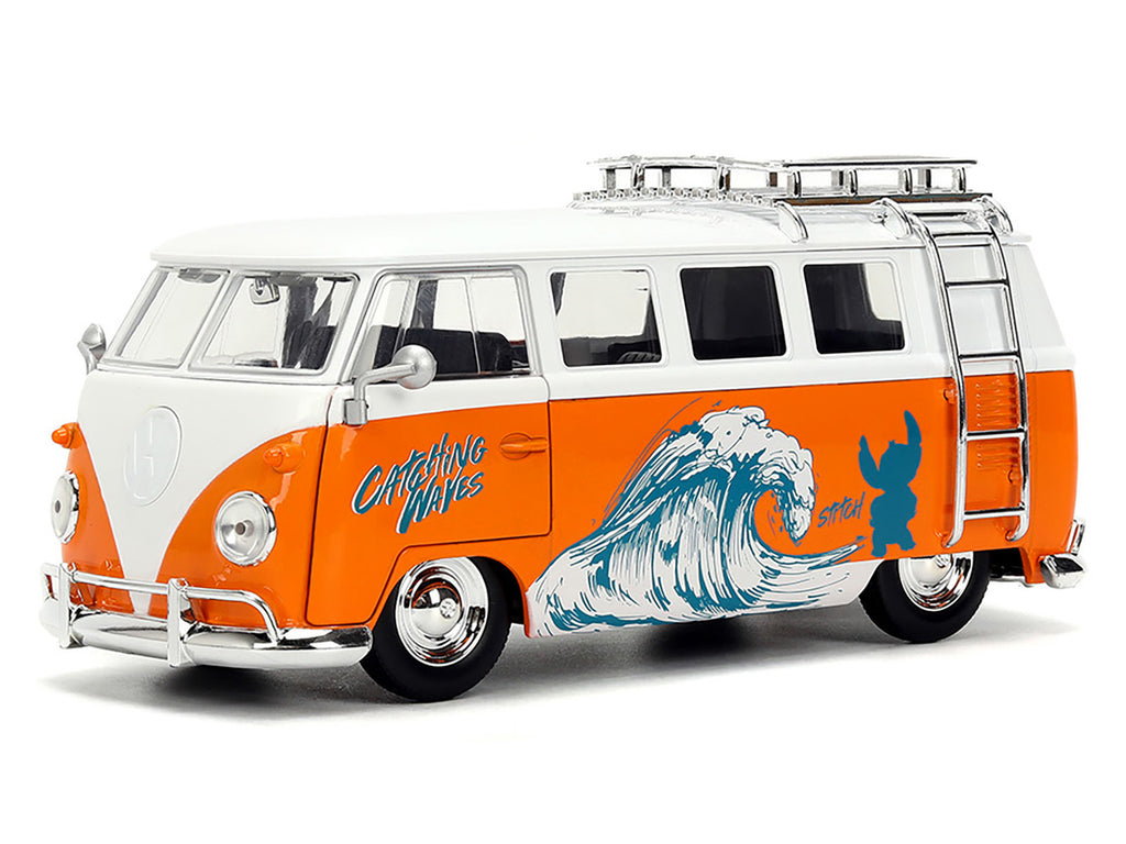 1961 Volkswagen Bus 'Catching Waves' White and Orange with Stich Diecast Figure 'Disney's Stitch' 'Hollywood Rides' Series 1/24 Diecast Model by Jada