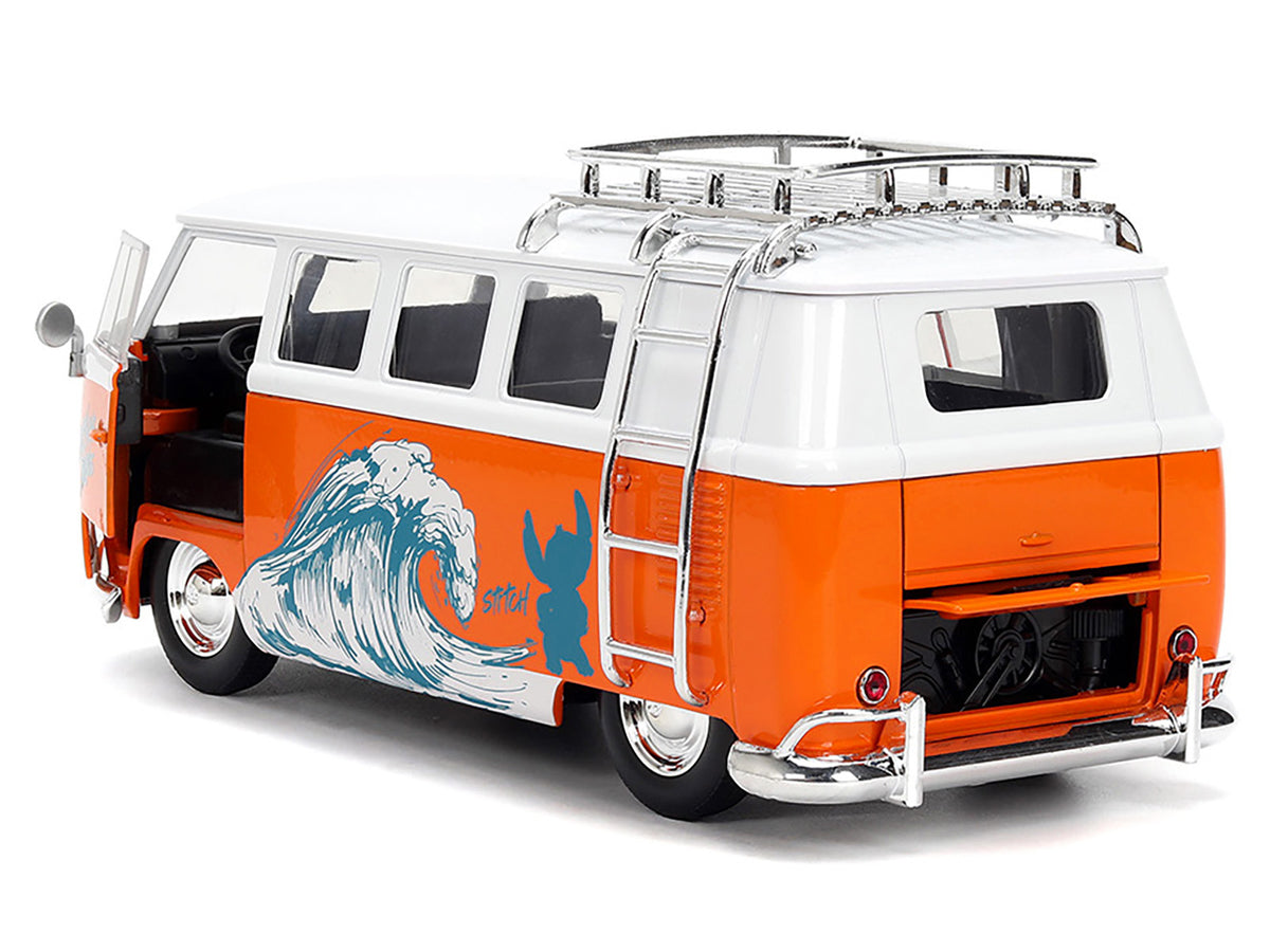 1961 Volkswagen Bus 'Catching Waves' White and Orange with Stich Diecast Figure 'Disney's Stitch' 'Hollywood Rides' Series 1/24 Diecast Model by Jada