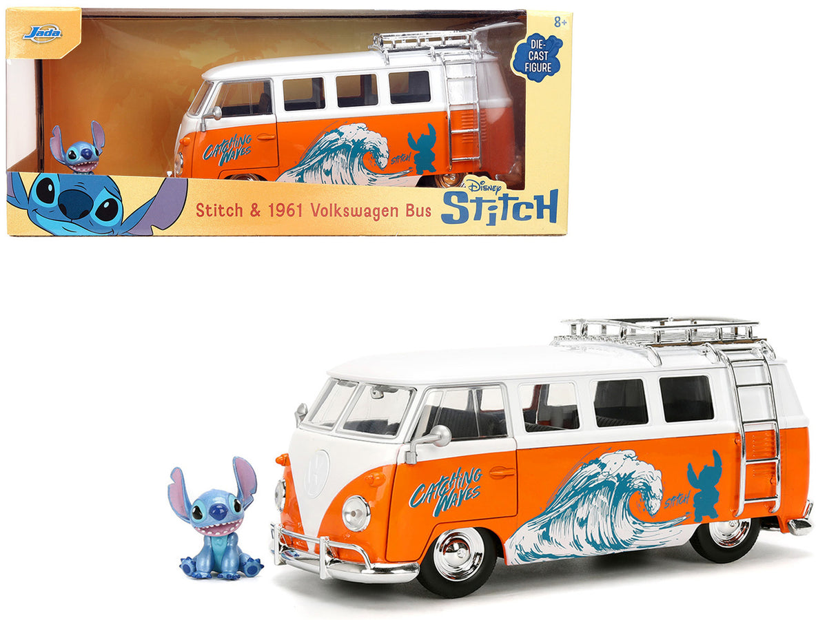 1961 Volkswagen Bus 'Catching Waves' White and Orange with Stich Diecast Figure 'Disney's Stitch' 'Hollywood Rides' Series 1/24 Diecast Model by Jada