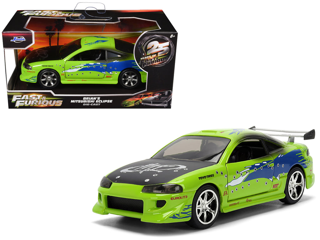 Brian's Mitsubishi Eclipse Green with Graphics (Damaged Version) '25 Years of Fast & Furious' 'The Fast and the Furious' (2001) Movie 1/32 Diecast Model Car by Jada