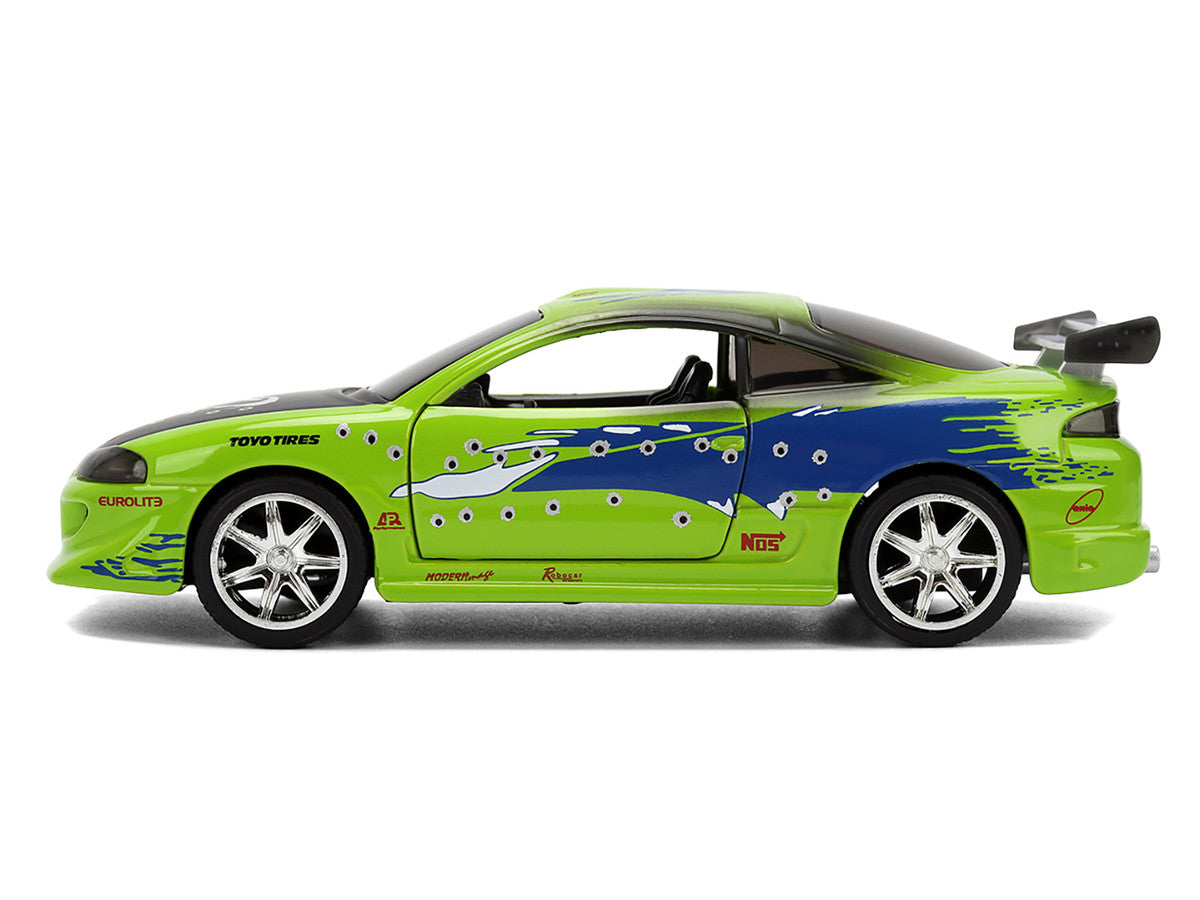 Brian's Mitsubishi Eclipse Green with Graphics (Damaged Version) '25 Years of Fast & Furious' 'The Fast and the Furious' (2001) Movie 1/32 Diecast Model Car by Jada